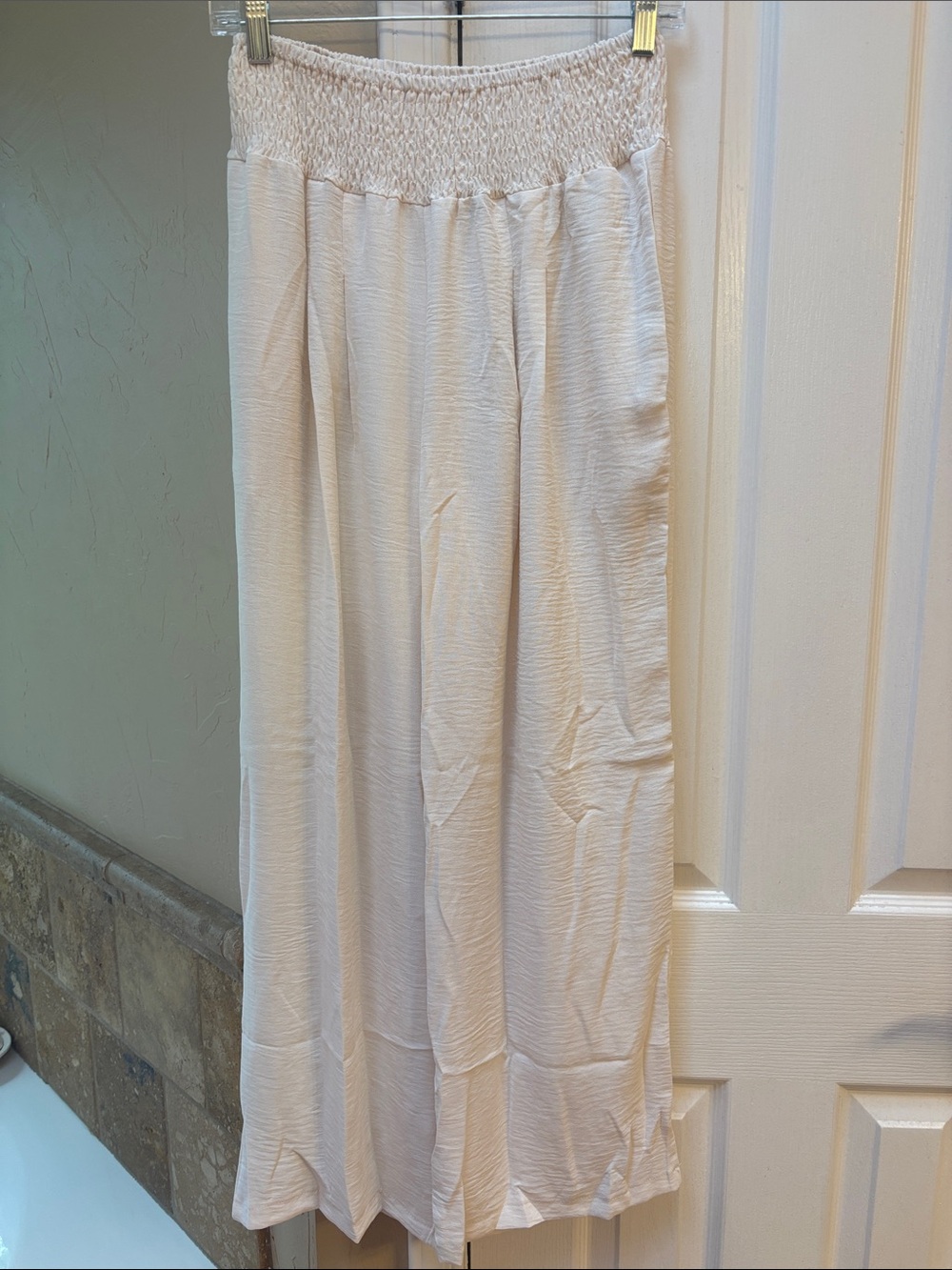 Wide Leg Smocked Waist Pants - Cream